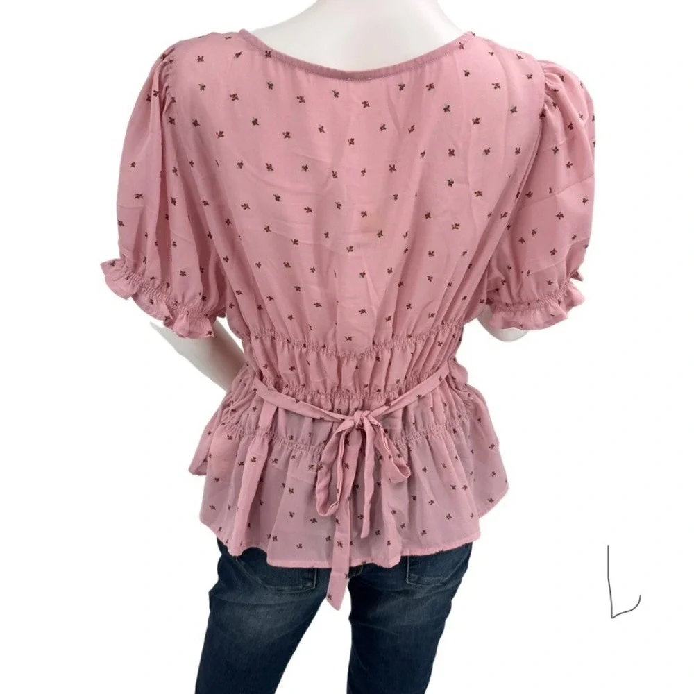 FREE PEOPLE New‎ Large Adore You Blouse Smocked Peplum Pink Floral Cottagecore